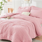 HYMOKEGE Pink King Size Comforter Set Seersucker 7 Pieces, All Season Luxury Bed in a Bag for Bedroom, Bedding Set with Comforters, Sheets, Pillowcases & Shams