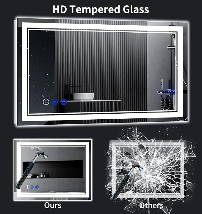 48"x24" LED Bathroom Mirror with Anti-Fog, Stepless Dimmable Lights, 3 Color Modes, Shatter-Proof Tempered Glass, Memory Function & Waterproof Design