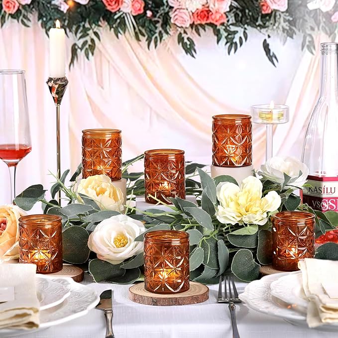 24Pcs Vintage Amber Votive Candle Holders, Amber Glass Tea Lights Candle Holder for Wedding Table Centerpiece,Vintage Boho Party Home Fall Decor,Thanksgiving and Christmas
