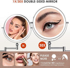 9" Wall Mounted Lighted Makeup Mirror,4000mAh Rechargeable Double Sided 1X/30X Magnifying Mirror with Light,Touch Dimmable,Extended Arm 360 Rotation Wall Mounted Makeup Mirror 3 Color Lights-C