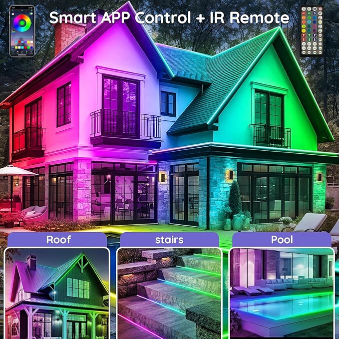 300ft Outdoor LED Strip Lights Waterproof,IP68 Outside Led Light Strips Waterproof with App and Remote,Music Sync RGB Exterior Led Rope Lights with Self Adhesive Back for Roof,Deck