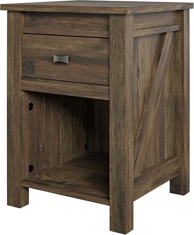 Ameriwood Home Farmington Country Style Nightstand with Barn Door Design, Concealed Drawer and Open Cubby, Textured Weathered Medium Brown Finish