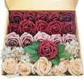 Artificial Fake Flowers 26pcs Roses, Mixed White & Burgundy Faux Flower for DIY Wedding Bouquet Bridal Shower Centerpieces Floral Arrangements Party Table Home Decorations