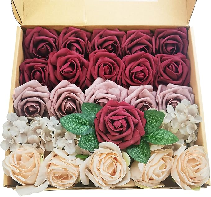 Artificial Fake Flowers 26pcs Roses, Mixed White & Burgundy Faux Flower for DIY Wedding Bouquet Bridal Shower Centerpieces Floral Arrangements Party Table Home Decorations