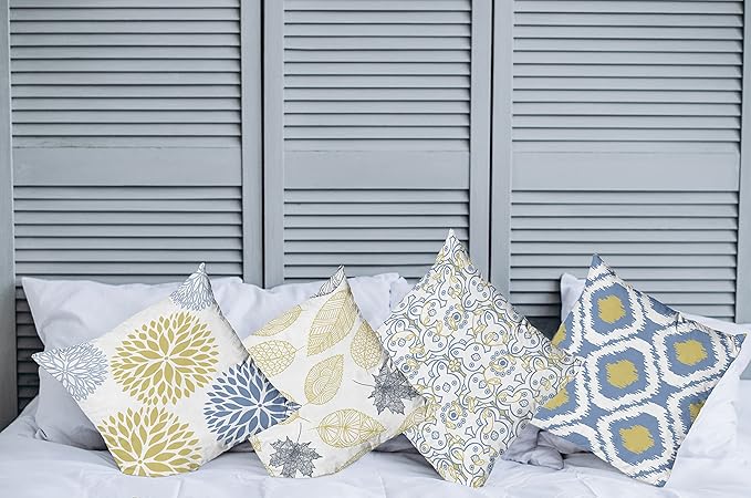 Ambesonne Vintage Throw Pillow Cushion Case Pack of 4, Bohemian Ornamental Leaves Dahlia Pattern Geometric Art Curlicue Motif, Modern Accent Double-Sided Digital Printing, 24", Mustard Dark Ceil Blue