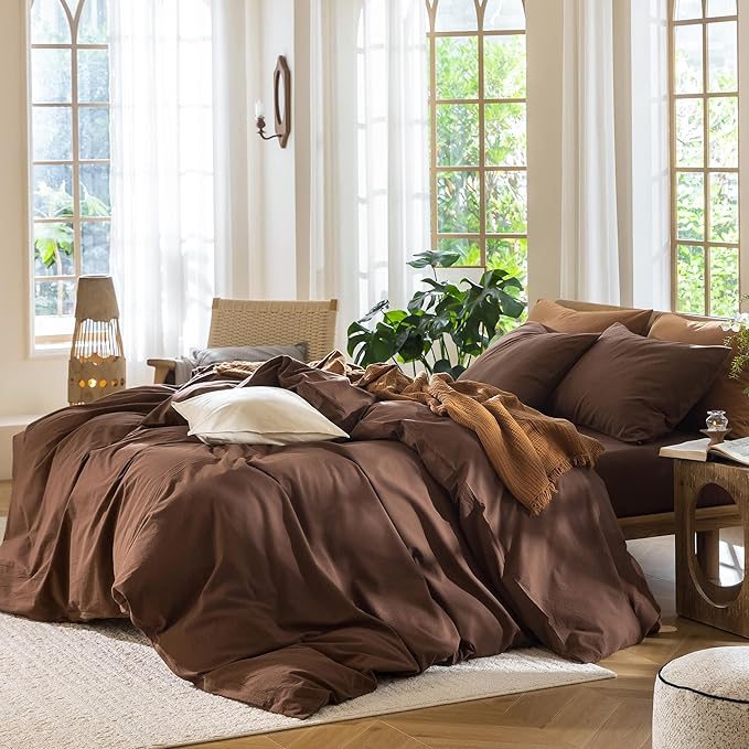 MooMee Bedding Duvet Cover Set 100% Washed Cotton Linen Like Textured Breathable Durable Soft Comfy (Solid Cocoa Brown, Twin 68"x90")
