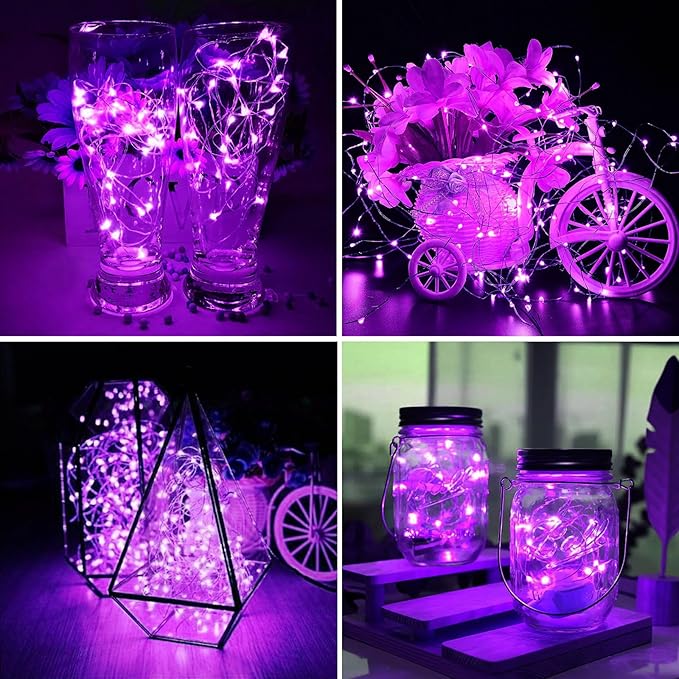ZGWJ 24 Pack Fairy Lights Battery Operated, 7ft 20 Mini LED Fairy String Lights Silver Wire 3 Modes for DIY, Parties, Wedding, Bedroom, Halloween Christmas Decoration Purple