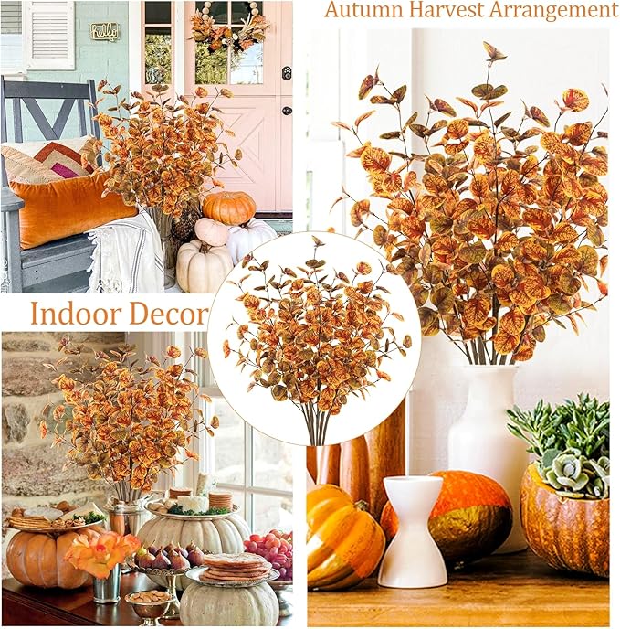 6pcs Artificial Fall Eucalyptus Leaves Stems 30" Faux Fall Leaf Fall Branches Autumn Decorations for Home Fall Floral Arrangements Farmhouse Table Centerpiece Decor, Yellow