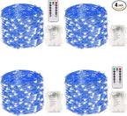 4 Pack 100 LED Fairy Lights Battery Operated with Remote, 33FT Waterproof Twinkle Lights with Timer & 8 Modes, Fairy String Lights Outdoor Indoor for Bedroom Classroom DIY Christmas Decor (Blue)