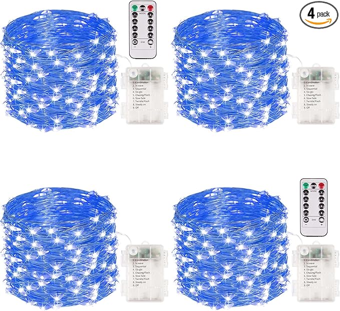 4 Pack 100 LED Fairy Lights Battery Operated with Remote, 33FT Waterproof Twinkle Lights with Timer & 8 Modes, Fairy String Lights Outdoor Indoor for Bedroom Classroom DIY Christmas Decor (Blue)