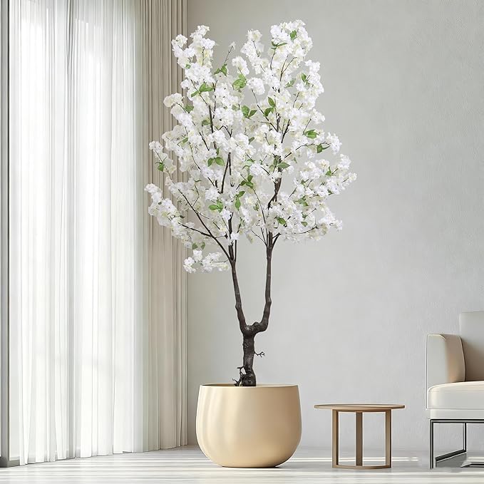 Artificial White Cherry Blossom Tree 6ft(72in) Faux Floor Green Plant for Indoor Decor Natural Potted Tree Realistic Cherry Flowers Wood Trunk for Home Living Room,Office Perfect Weeding Gift