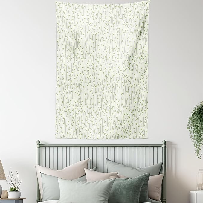 Lunarable Green and Beige Tapestry, Green Leaves on Skinny Tangled Sprigs Fresh Nature Theme Foliage, Wall Hanging for Bedroom Living Room Dorm Decor, 60" X 80", Pistachio Green