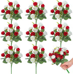 Zeyune 8 Pack 12 Inch Wedding Bouquets for Bride Bridesmaid Red and White Artificial Rose Bouquet Fake Silk Roses Flowers Bunches Bulk for Home Office Garden Parties Decoration