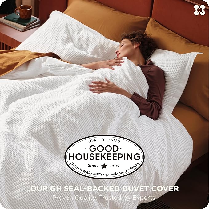 Bedsure Cotton Duvet Cover Queen - 100% Cotton Waffle Weave Coconut White Duvet Cover Queen Size, GentleSoft™ and Breathable Bedding Set for All Season, 3 Pieces, 90"x90"