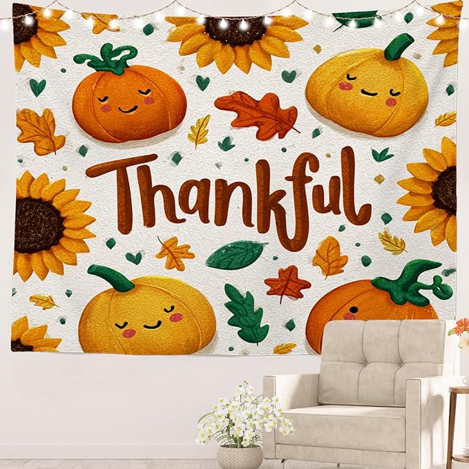 Batmerry Thankful Fall Pumpkins Tapestry, Happy Pumpkins Sunflowers Maple Leaves Wall Art Hanging Decoration Polyester Fiber White Ruffled Around for Dorm Room Bedroom Living Room, 51.2x59.1 inches