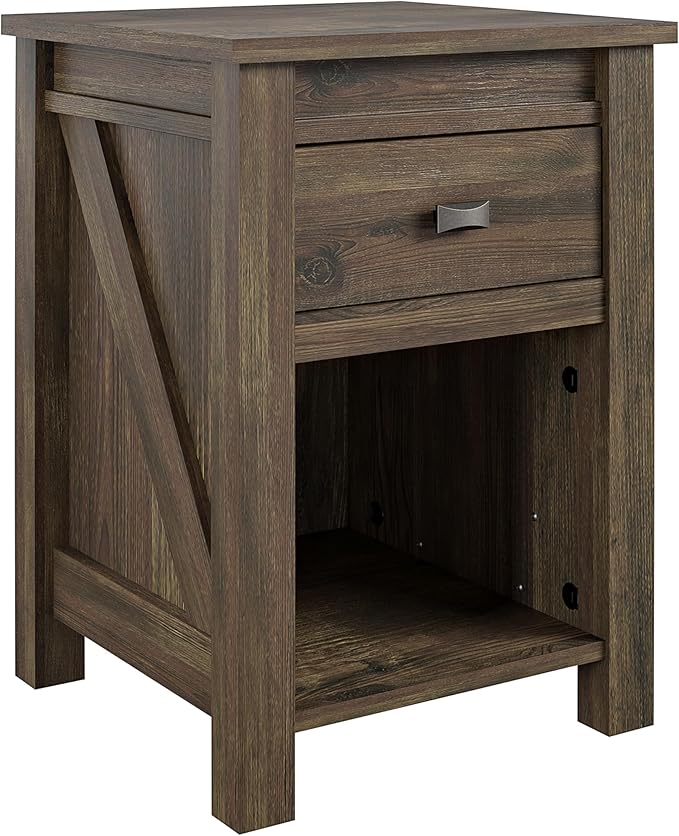Ameriwood Home Farmington Country Style Nightstand with Barn Door Design, Concealed Drawer and Open Cubby, Textured Weathered Medium Brown Finish