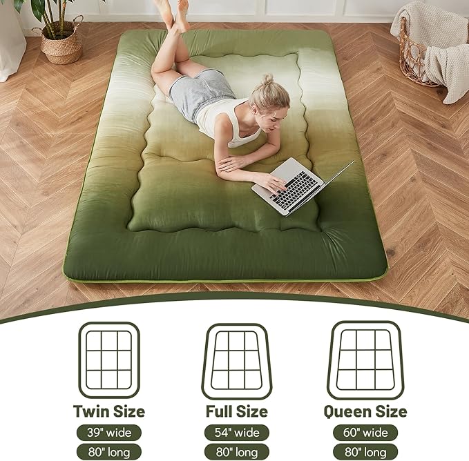 Japanese Floor Mattress, Futon Mattress with Portable Storage Bag and Washable Cover, Roll Up Thick Tatami Mat Suitable for Camping, Guest Room (Forest Gradient, Full)