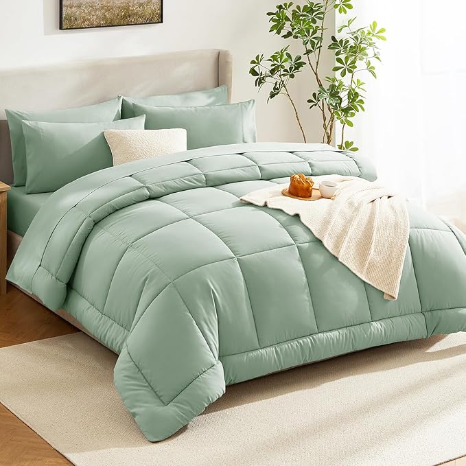 CozyLux Full Size Comforter Sets Sage Green, 7 Pieces Bed in a Bag, Green Comforter Full Size, All Season Bedding Sets with Stitch Quilted Comforter, Flat Sheet, Fitted Sheet, Pillowcases