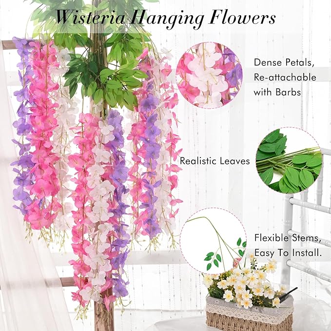 40 Pack Pink Purple White Wisteria Hanging Flowers, Fake Hanging Flowers for Decoration,Vines for Bedroom, Wisteria Flower Garland for Home ,Party,Wall,Wedding Decoration,Baby Shower(3.6 Ft/Pcs)