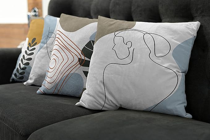 Ambesonne Minimal Throw Pillow Cushion Case Pack of 4, Modern Line Art Woman Portrait with Contemporary Leafy Geometric Details, Modern Accent Double-Sided Digital Printing, 20", Baby Blue Taupe Amber