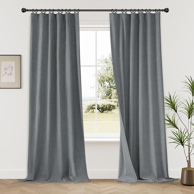 Neutral Grey Blackout Linen Curtains 90 Inches Long 2 Panels Set for Living Room, Rod Pocket/Hook Belt/Back Tab Room Darkening Soft Thick Linen Modern Curtains for Bedroom Dining, 52x90