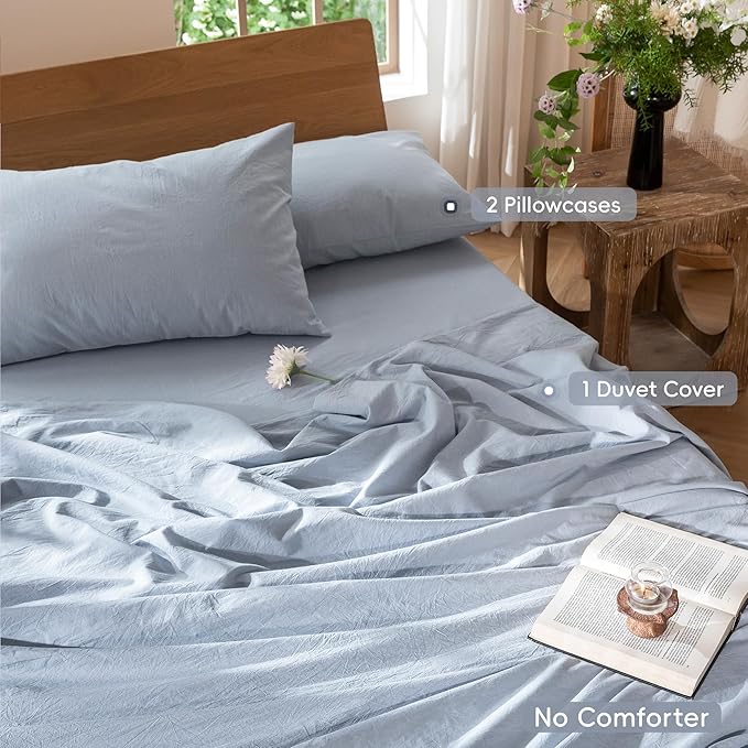 MooMee Bedding Duvet Cover Set 100% Washed Cotton Linen Like Textured Breathable Durable Soft Comfy (Heathered Cornflower Blue, Super Queen 90"x98")