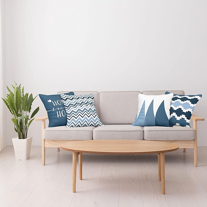 Ambesonne Modern Throw Pillow Cushion Case Pack of 4, Geometric Style Pattern of Triangles Zigzags Love Home Phrase Design, Modern Accent Double-Sided Digital Printing, 18", Petrol Blue and White