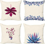 Ambesonne Botanical Throw Pillow Cushion Case Pack of 4, Minimalist Watercolor Painting Leaves Agave Branches Plant in a Pot, Modern Accent Double-Sided Digital Printing, 20", Dark Pink and Ceil Blue