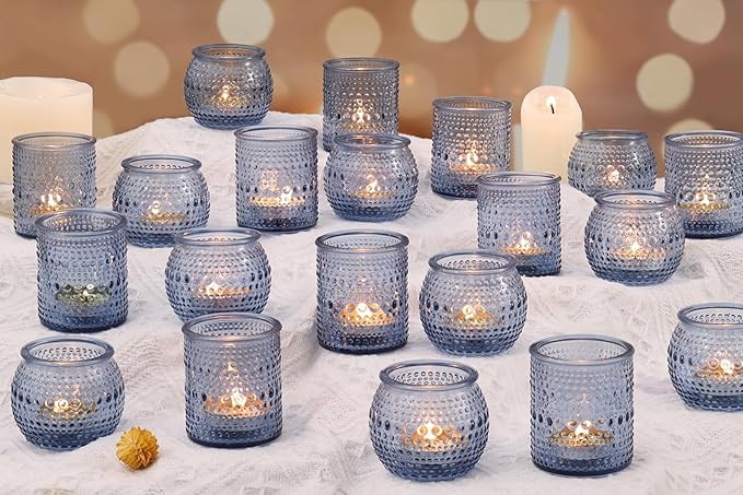 40 Pcs Assorted Blue Votive Candle Holders Bulk- Tea Light Candle Holder Glass for Wedding Bridal Shower Table Decor, Blue Candle Holders for Fall, Thanksgiving, Vintage Wedding Table Decor