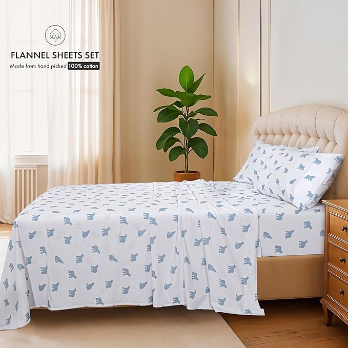 RUVANTI Flannel Sheets Queen Size - 100% Cotton Double Brushed Bed Sheets, Deep Pockets 16 Inches Queen Sheet Set, All Seasons Breathable & Extra Soft - Warm & Cozy, 4 Piece, Happy Cubs
