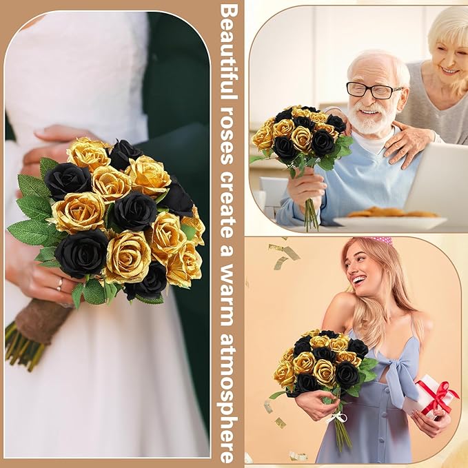 72 Pcs Artificial Roses Gold, Black Fake Silk Roses Realistic Roses Faux Flower Indoor Wedding Home Decor, Birthday Decorations