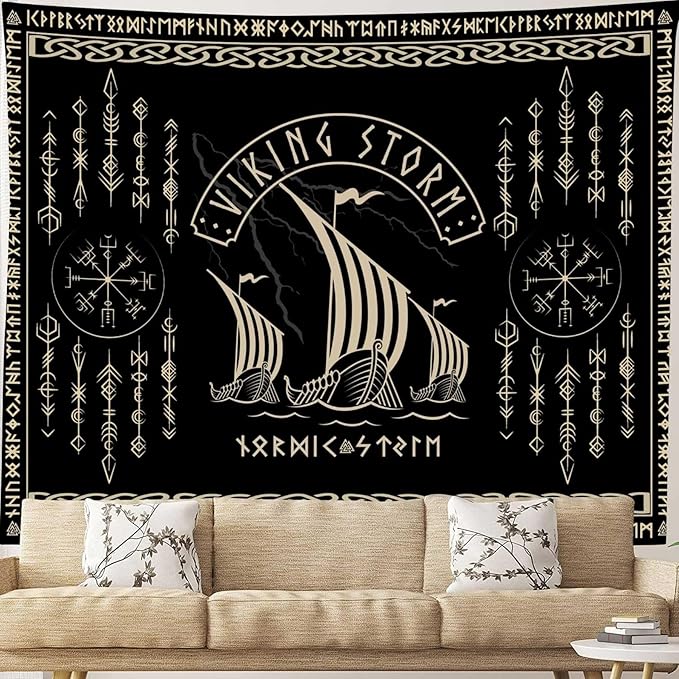 OSUNBD Viking Warship Tapestry Wall Hanging - Small 60x51inches Storm & Celtic Runes on Soft Flannel Aesthetic Mythology Tapestries Norse Mythology Art for Bedroom, Living Room Decor