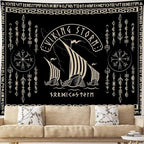 OSUNBD Viking Warship Tapestry Wall Hanging - Small 60x51inches Storm & Celtic Runes on Soft Flannel Aesthetic Mythology Tapestries Norse Mythology Art for Bedroom, Living Room Decor