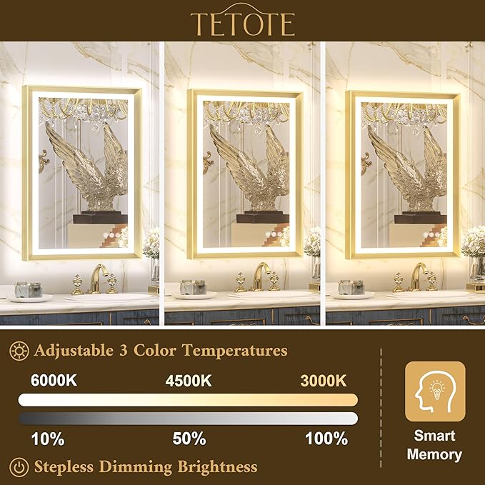 TETOTE Gold LED Bathroom Mirror with Lights 28x36 Frontlit & Backlit Vanity Framed Mirror Baroque Anti Fog Stepless Dimmable White/Warm/Natural,CRI90+,Waterproof,Wall Mounted(Horizontal/Vertical)