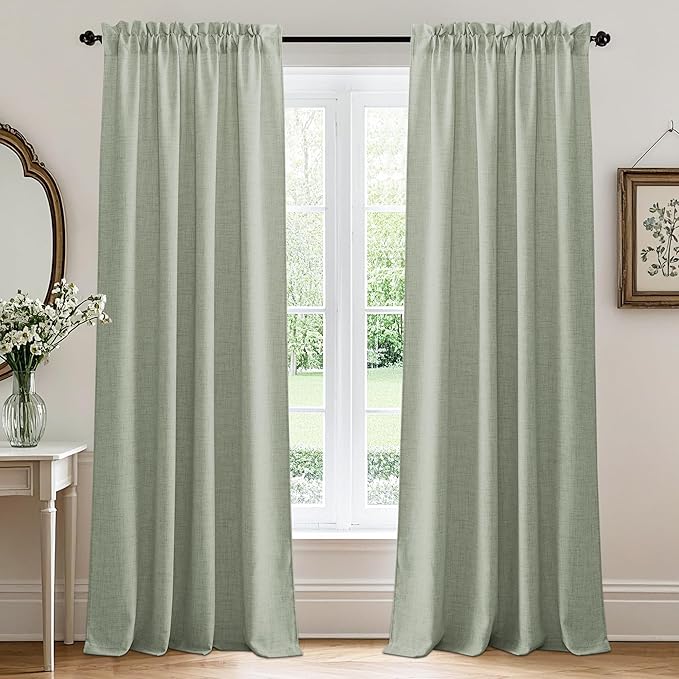 RYB HOME Linen Sheer Curtains and Drapes for Living Room and Dining Room 120 inches Length, Breathable Weave Textured/Rod Pocket Semi Sheer Curtains, Sage Green, W 52 x L 120 inches, 2 Panels Set