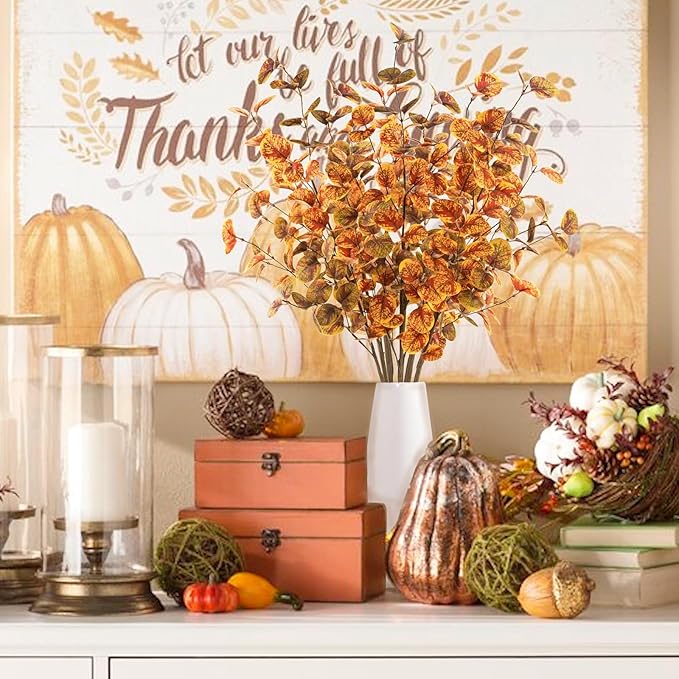 6pcs Artificial Fall Eucalyptus Leaves Stems 30" Faux Fall Leaf Fall Branches Autumn Decorations for Home Fall Floral Arrangements Farmhouse Table Centerpiece Decor, Yellow