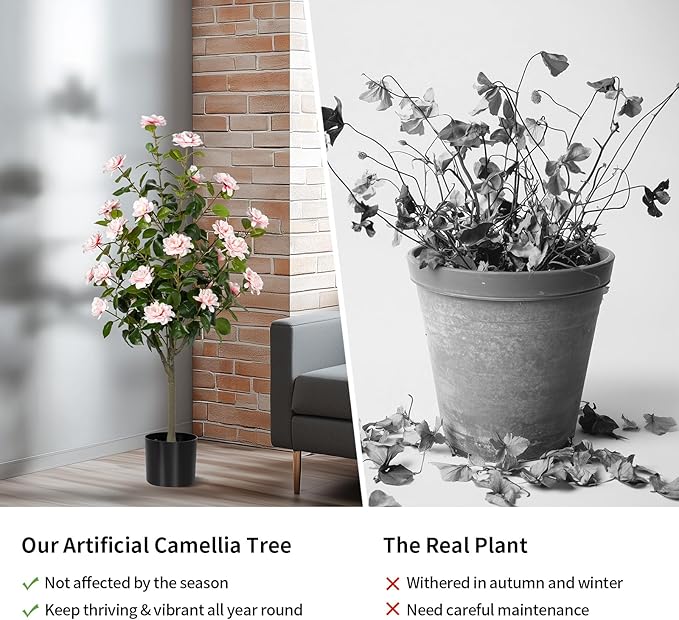 Artificial Camellia Tree 2 Pack, Artificial Plants Outdoor Faux Floral Plant in Cement Pot Fake Silk Camellia Tree Plants for Home House Living Room Office Decor