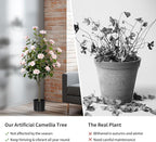 Artificial Camellia Tree 2 Pack, Artificial Plants Outdoor Faux Floral Plant in Cement Pot Fake Silk Camellia Tree Plants for Home House Living Room Office Decor