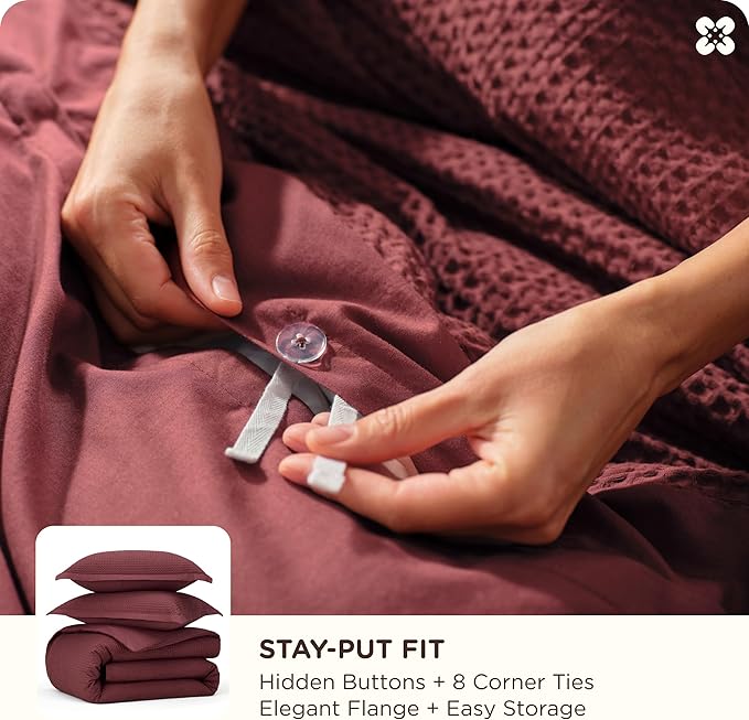 Bedsure Cotton Duvet Cover King - 100% Cotton Waffle Weave Maroon Red Duvet Cover King Size, GentleSoft™ and Breathable Bedding Set for All Season, 3 Pieces, 104"x90"