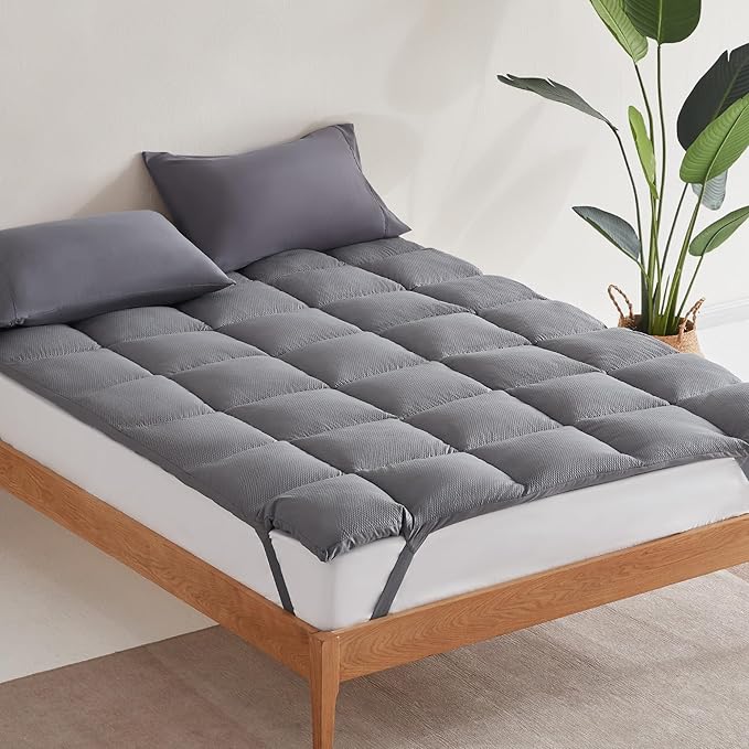 SLEEP ZONE Cooling Mattress Topper King Size Quilted Fitted Mattress Pad Cover, Soft Fluffy Down Alternative Pillow Top Bed Topper Deep Pocket 8-21 Inch (Grey, King)