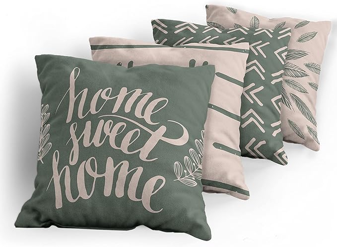 Ambesonne Modern Throw Pillow Cushion Case Pack of 4, Scandinavian Minimal Ornaments Boho Feather Leaves and Home Phrase, Modern Accent Double-Sided Digital Printing, 20", Pale Tan and Reseda Green