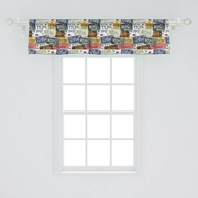 Ambesonne Vintage Window Valance, Original Retro Style License Plates Personalized Creative Travel Vacation, Curtain Valance for Kitchen Bedroom Decor with Rod Pocket, 54" X 12", Green Blue Yellow