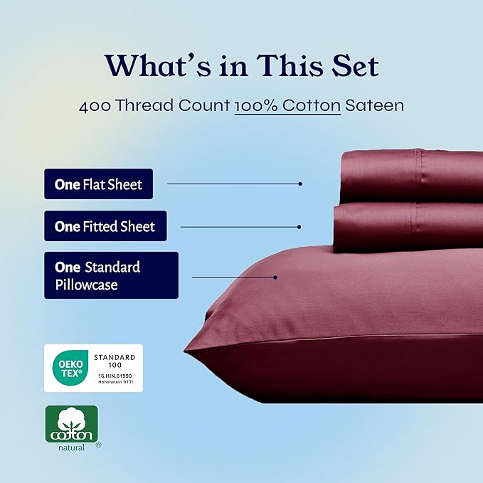 California Design Den Twin Sheets Set - Soft 400 Thread Count Sateen, Natural 100% Cotton Sheets with Deep Pockets, Cooling and Durable Bedding Set - Burgundy Red