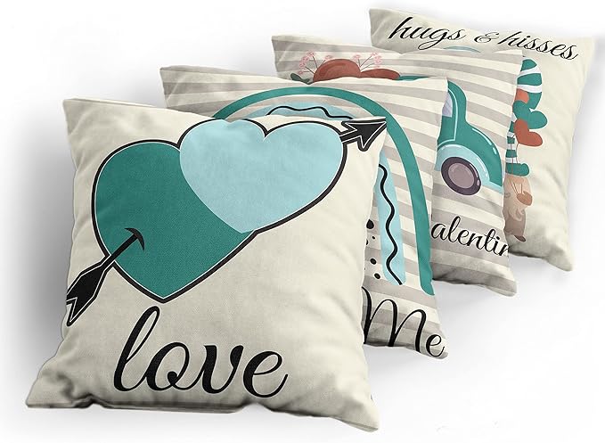 Ambesonne Romantic Throw Pillow Cushion Case Pack of 4, Love Hearts Arrow You and Me Be My Valentine Hugs Kisses Lettering, Modern Accent Double-Sided Digital Printing, 18", Teal Ivory Pale Eggshell