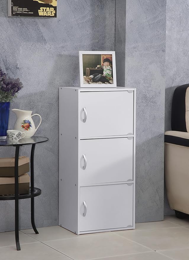 Hodedah Heavy Duty Engineered Wooden 3 Door Enclosed Multipurpose Storage Cabinet with Included Hardware for Easy Assembly, White