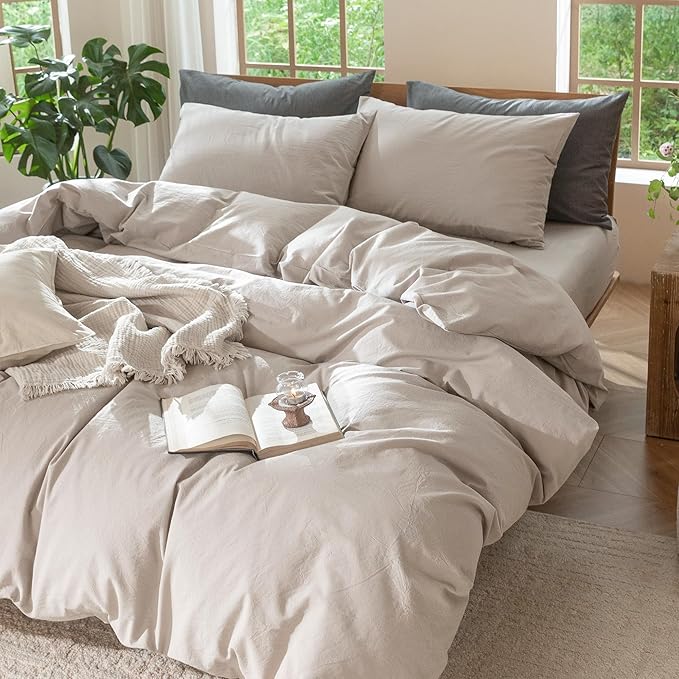 MooMee Bedding Duvet Cover Set 100% Washed Cotton Linen Like Textured Breathable Durable Soft Comfy (Solid Light Tan, Full 80"x90")
