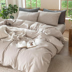 MooMee Bedding Duvet Cover Set 100% Washed Cotton Linen Like Textured Breathable Durable Soft Comfy (Solid Light Tan, Full 80"x90")