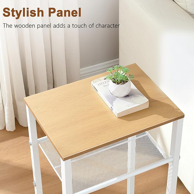 Hoctieon 2-Set 3 Tier End Table, Telephone Table Set of 2, Tall Side Table with Storage Set of 2, Small Nightstand for Small Spaces, Metal Frame, White and Yellow Oak
