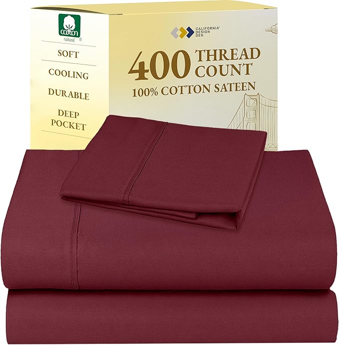 California Design Den Twin Sheets Set - Soft 400 Thread Count Sateen, Natural 100% Cotton Sheets with Deep Pockets, Cooling and Durable Bedding Set - Burgundy Red