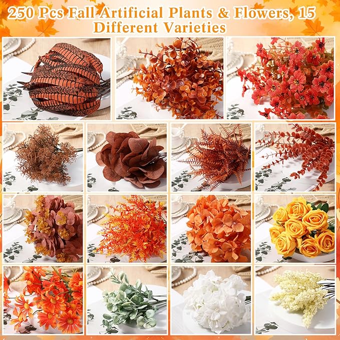250 Pcs Artificial Fall Greenery Thanksgiving Eucalyptus Leave Floral Stems Silver Dollar Flower Bulk Fake Faux UV Resistant Shrubs Bushes DIY Bouquet Vase Floral Arrangement Table Decor